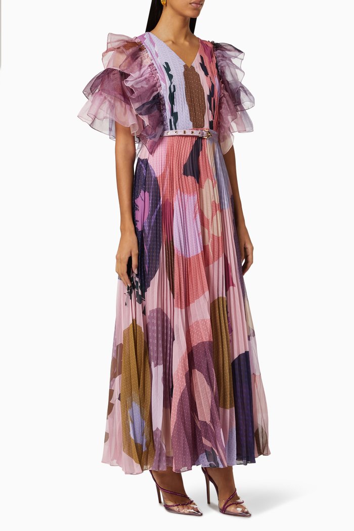 

Poeme-A Ruffle Pleated Dress in Chiffon, Multicolour