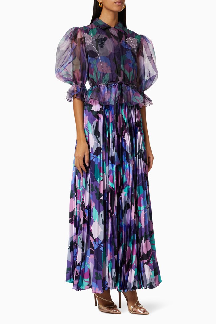 

Sheer Rose Pleated Dress in Organza, Blue