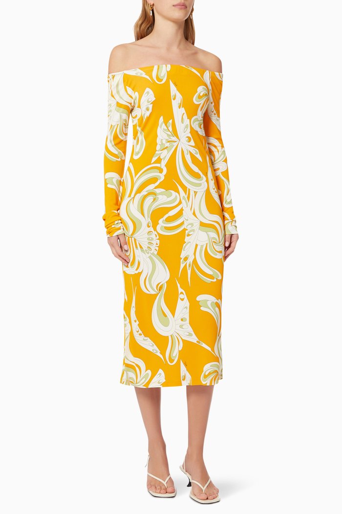

Farfalle Print Off Shoulder Midi Dress in Viscose, Orange