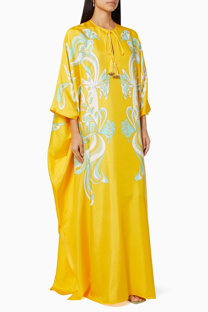 

Farfalle Print Kaftan in Silk Twill, White