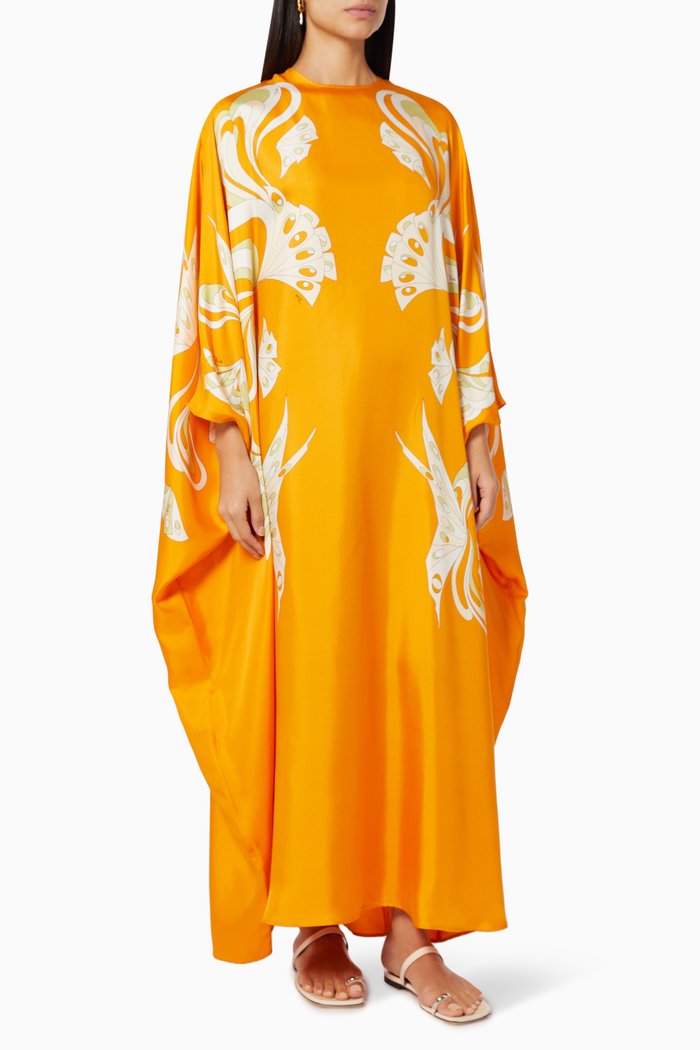 

Farfalle Print Kaftan in Silk Twill, Orange