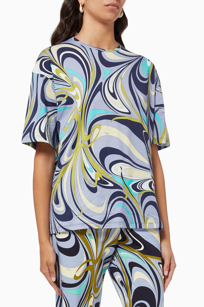 

Onde Print T-shirt in Cotton Jersey, Blue