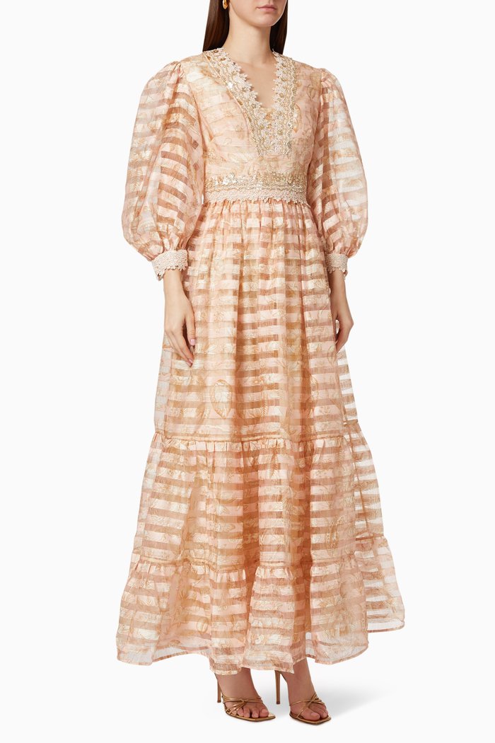 

Floraine Stripe Embroidered Dress, Orange