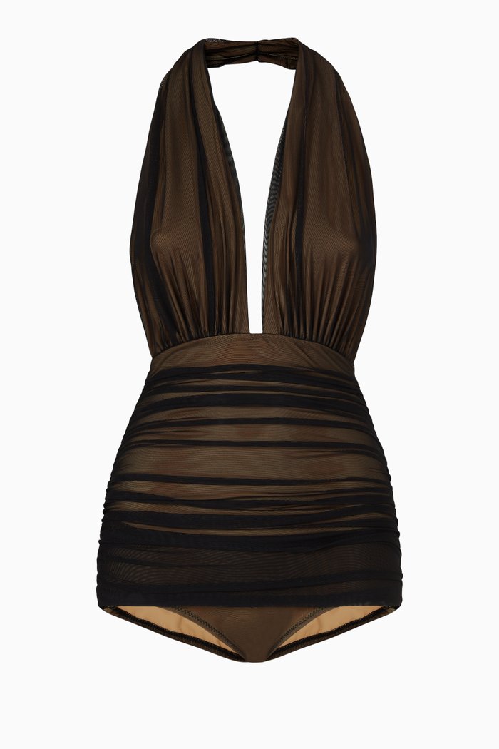 

Halter Bill Swimsuit in Stretch Mesh, Black
