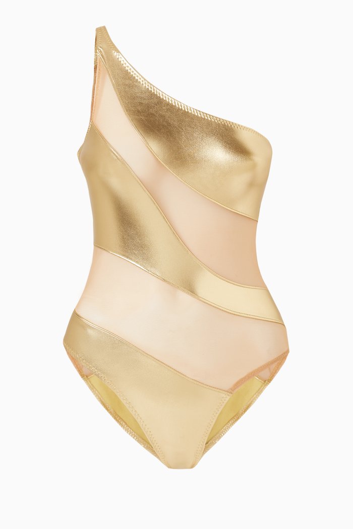 

Snake Mesh Mio Foil One-piece Swimsuit, Gold