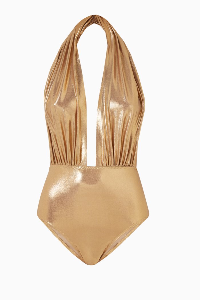 

Halter Low Back Mio Swimsuit in Lamé, Gold