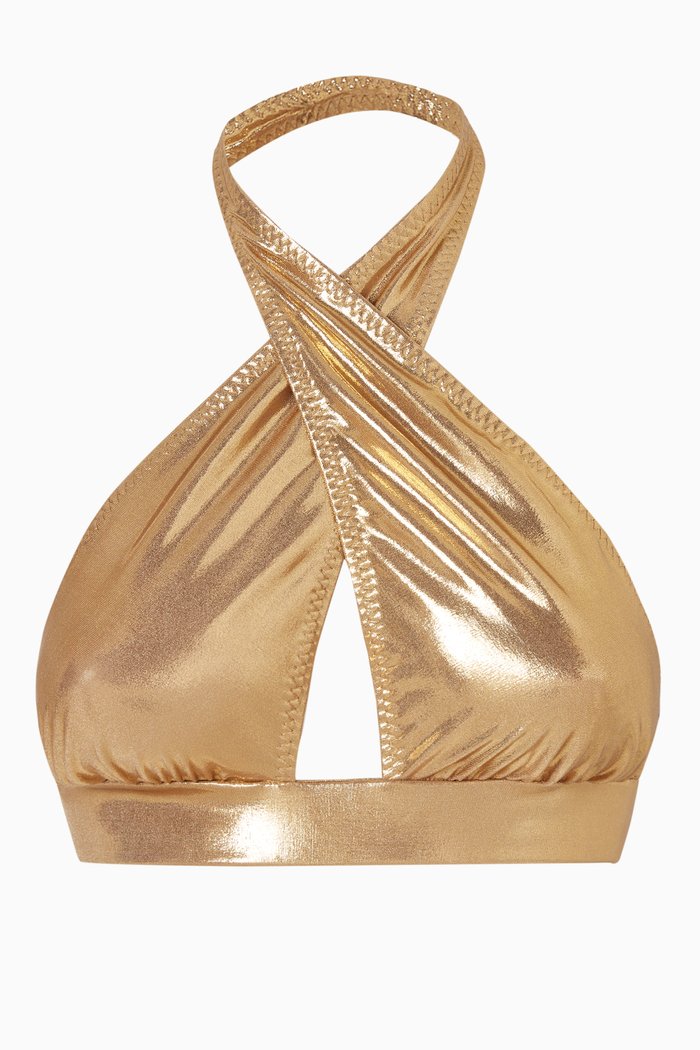 

Cross Halter Bikini Top in Lamé, Gold