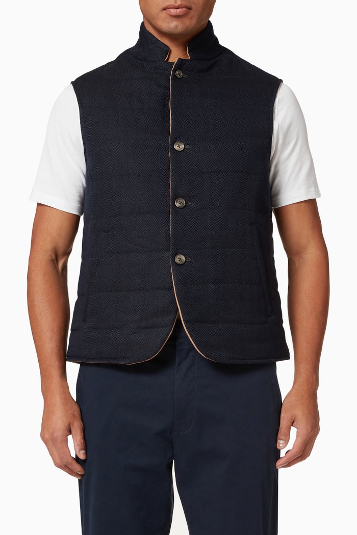

Reversible Gilet in Linen & Silk Wool Blend, Blue