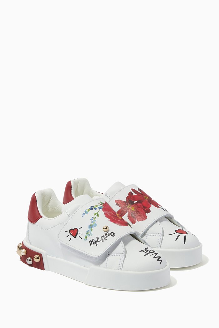 

Floral Print Portofino Sneakers in Leather, White