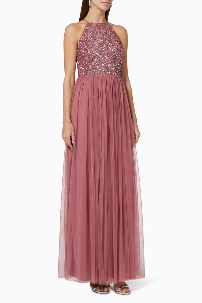 

Halterneck Dress in Sequinned Tulle, Pink