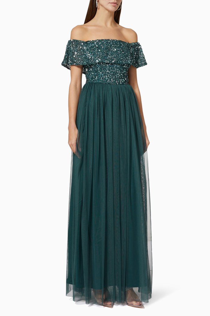 

Off Shoulder Dress in Sequinned Tulle, Green