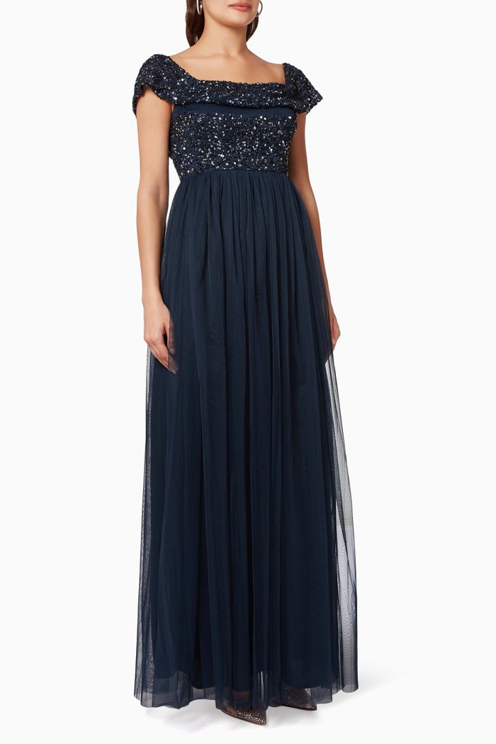 

Off Shoulder Dress in Sequinned Tulle, Blue