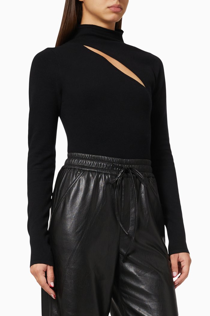 

Slit Mock Neck Bodysuit in Stretch Cotton, Black