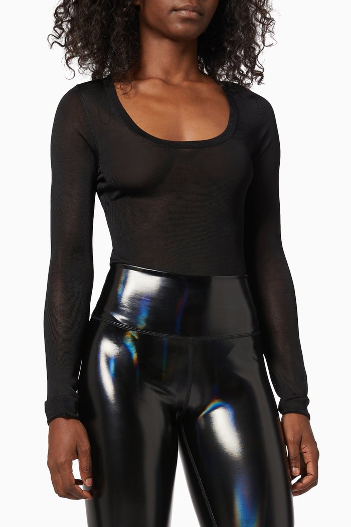 

Scoop Neck Bodysuit in Sheer Knit, Black