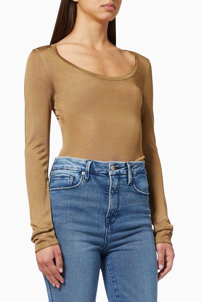 

Scoop Neck Bodysuit in Sheer Knit, Gold