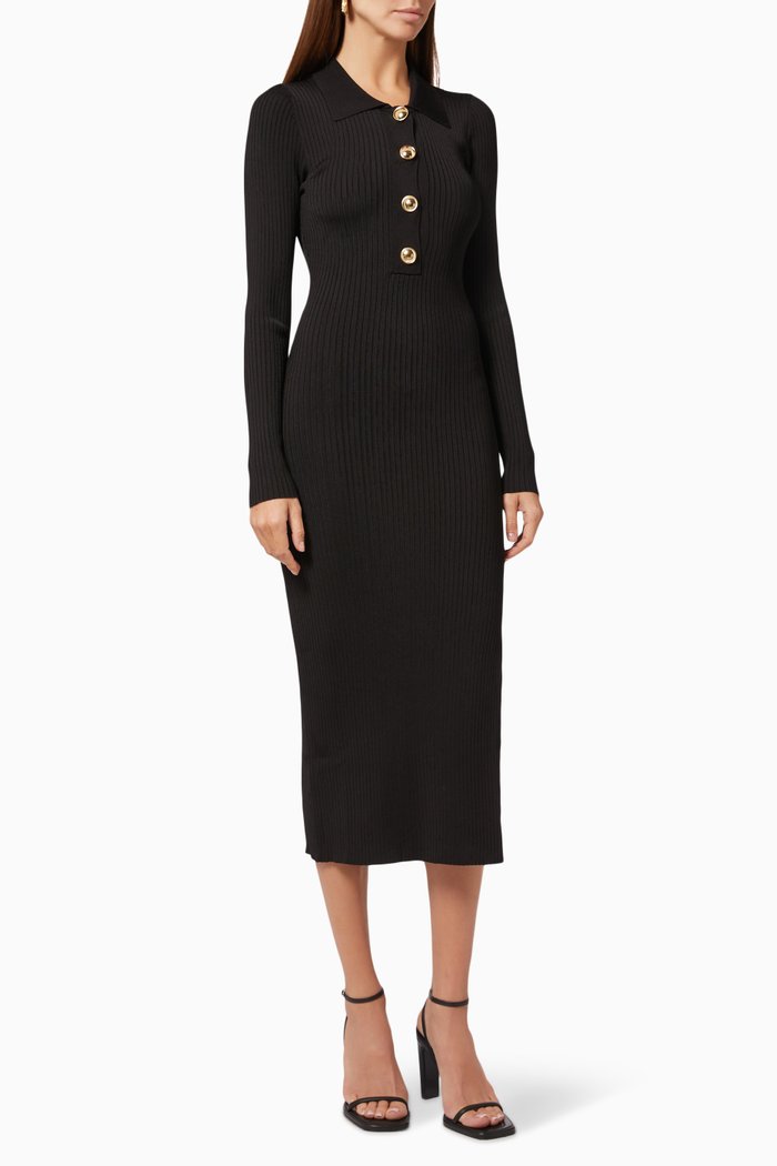 

Midi Polo Dress in Ribbed Knit, Black