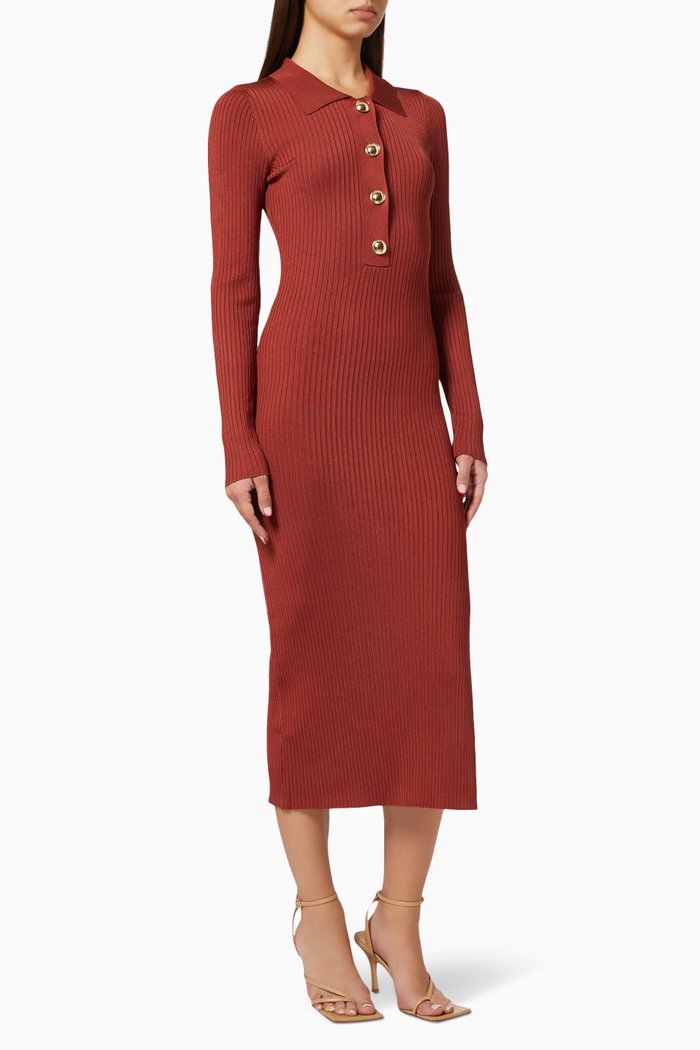 

Midi Polo Dress in Ribbed Knit, Brown