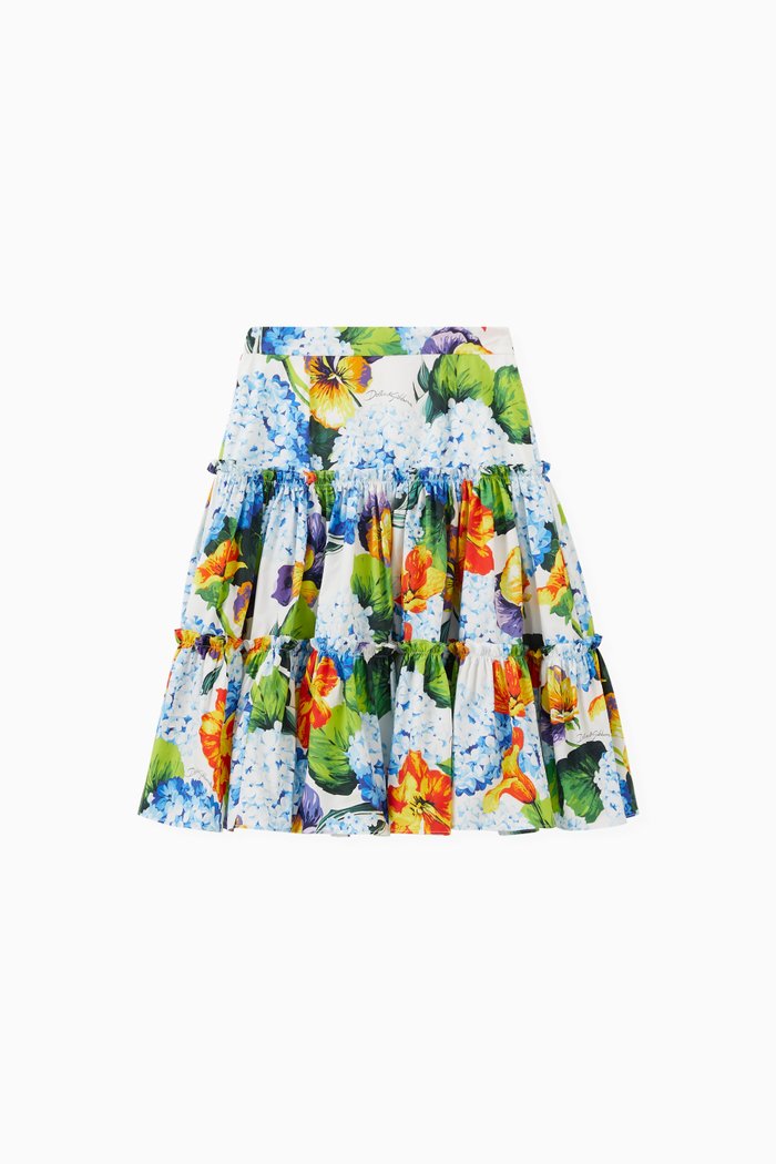 

Hydrangea Print Skirt in Cotton Poplin, Blue