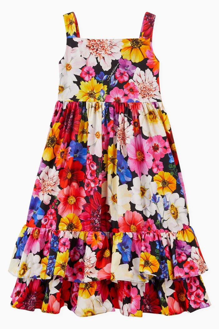 

Garden Print Long Dress in Cotton Poplin, Pink
