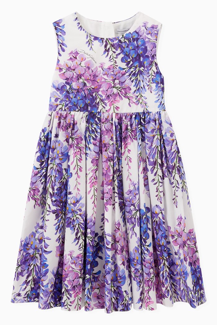 

Wisteria Print Midi Dress in Cotton Poplin, Purple