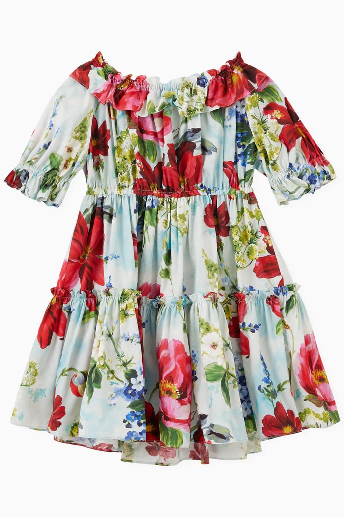 

Ruffle Floral Print Dress in Cotton Poplin, Blue