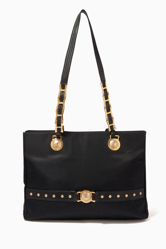 

Shoulder Tote Bag in Nylon & Leather, Black