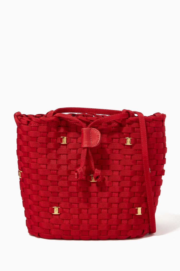 

Woven Shoulder Bag in Canvas & Leather, Red