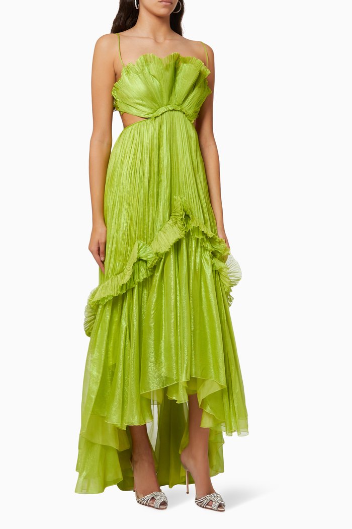 

Azora Ruffle Dress in Metallic Silk Moussline, Yellow