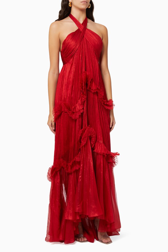 

Zadie Rufle Halter Dress in Metallic Silk Moussline, Red