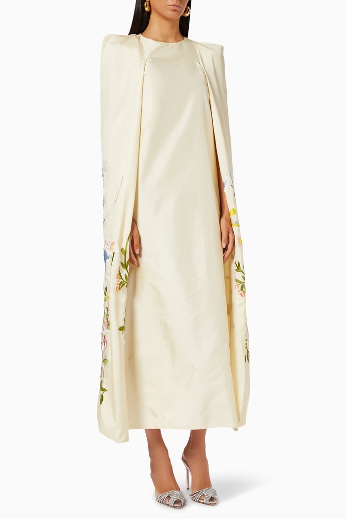 

Floral Embroidered Cape Dress, Neutral