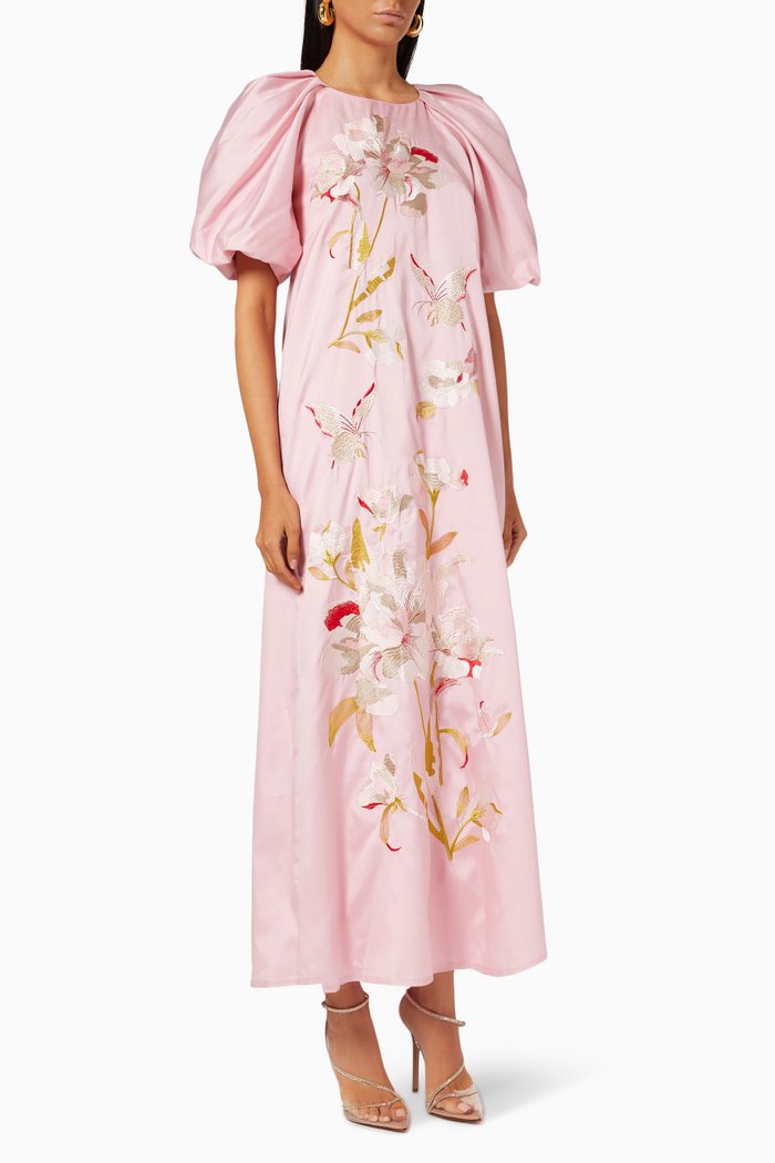 Embroidered Puff Sleeve Dress, Pink