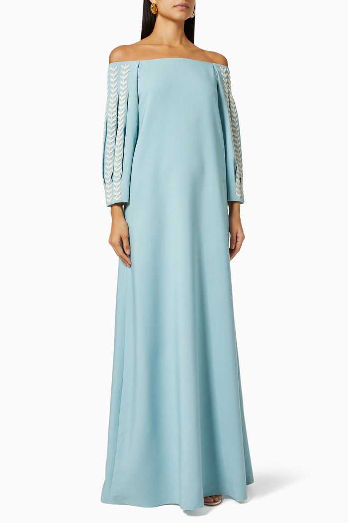 

Beaded Sleeve Maxi Dress in Crepe, Blue