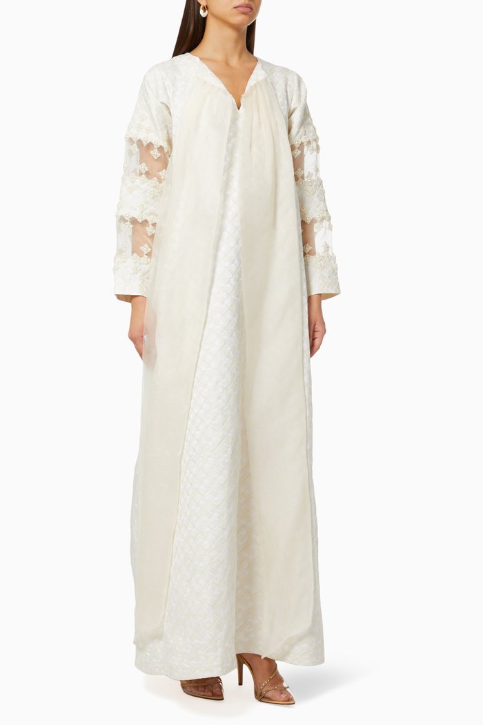 

Pearl-embellished Dress in Textured Crepe & Organza, Neutral