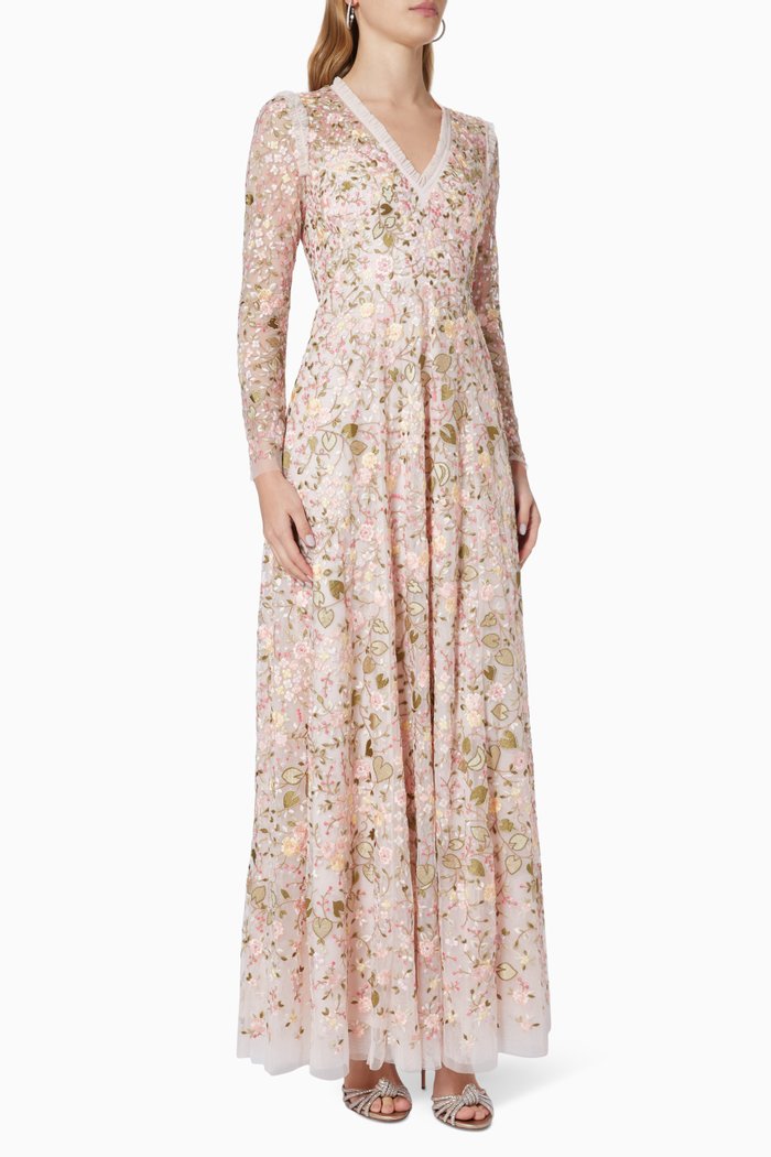 

Mavis Garden V Neck Gown in Floral Tulle, Pink