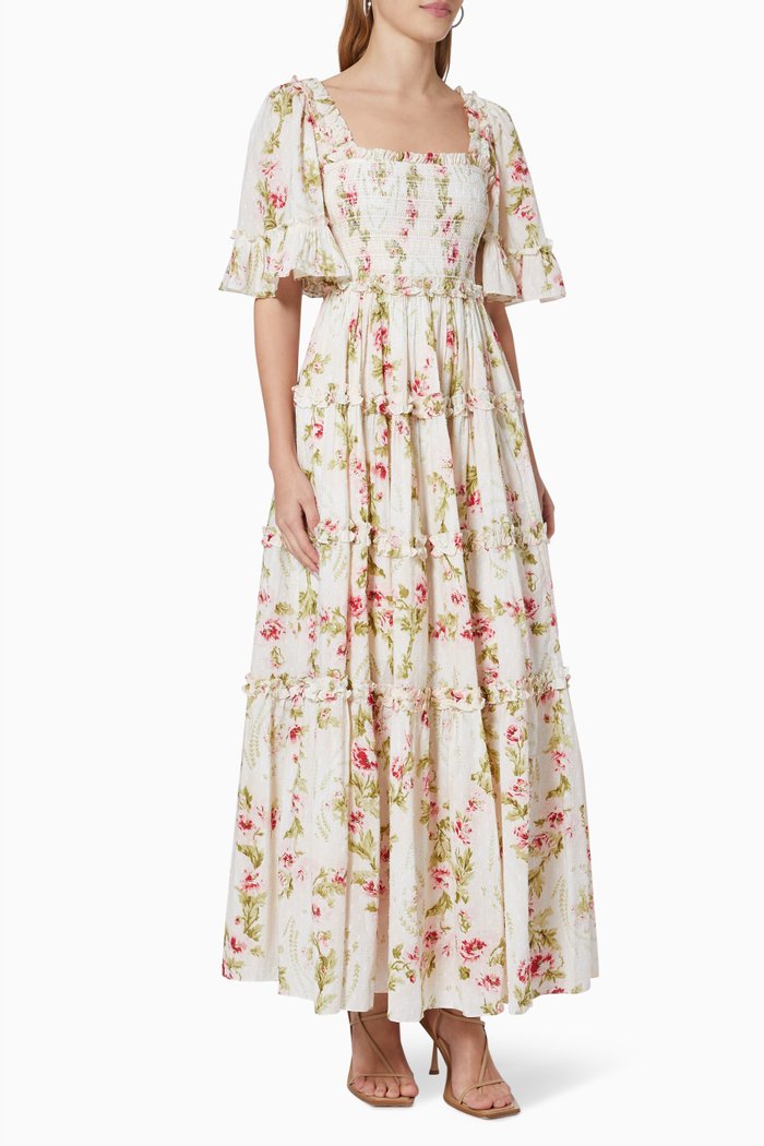 

Waltzing Blooms Smocked Ankle Gown in Cotton, Orange
