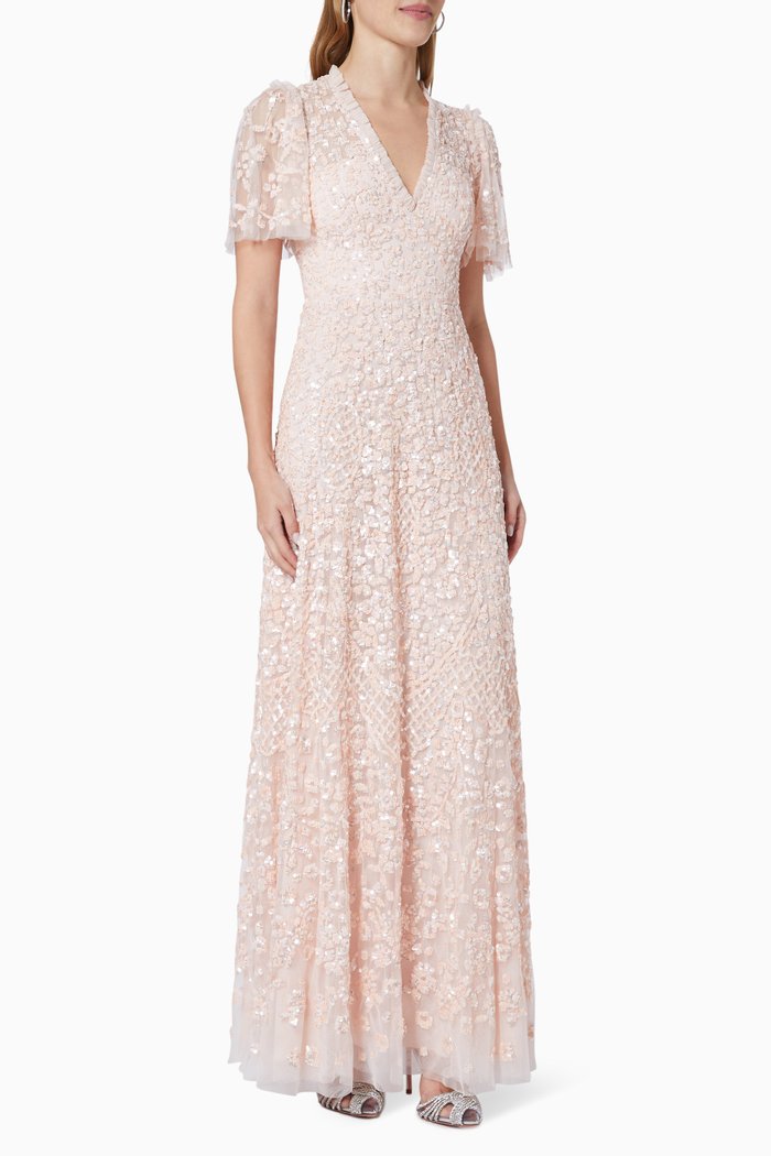 

Amalie Sequin V-Neck Gown in Tulle, Pink