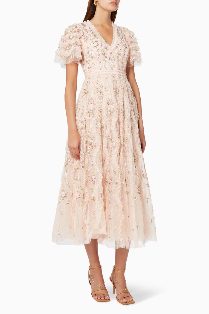 

Florentina Ruffle Ankle Gown in Tulle, Pink