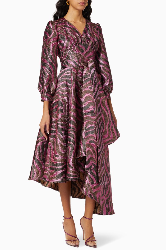 

Zebra Envelope Midi Dress in Crepe Jacquard, Brown