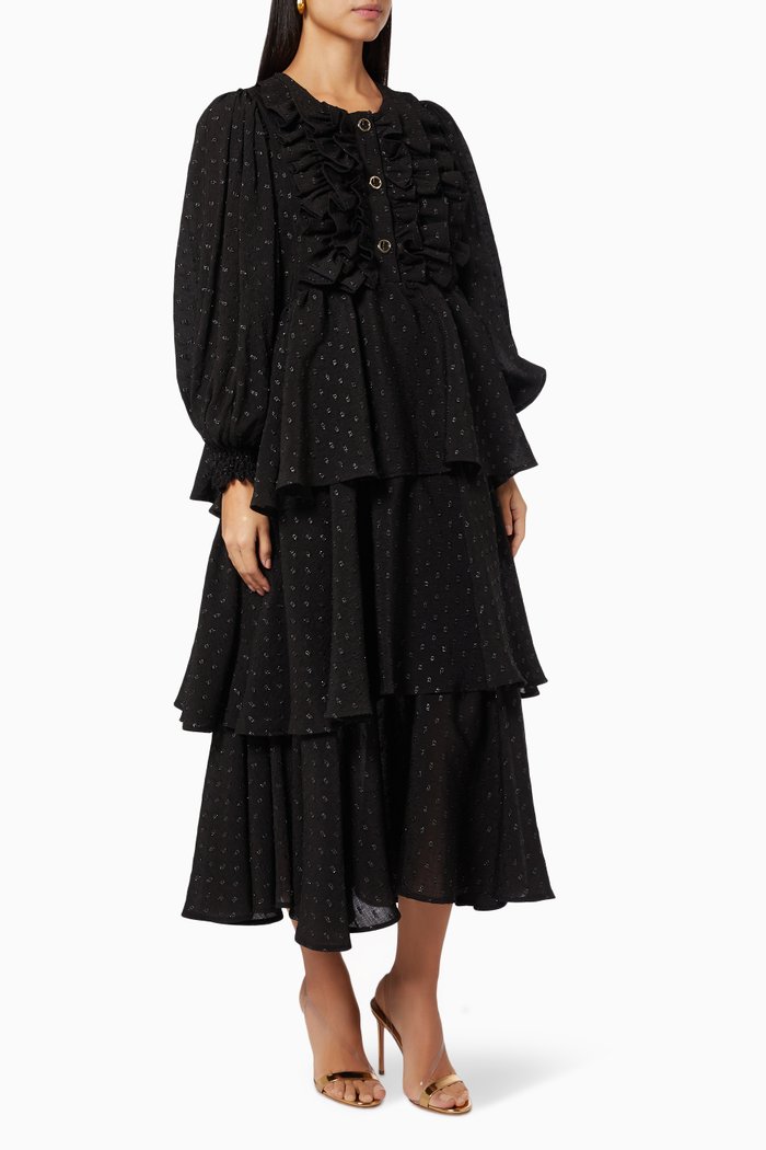 Ruffle Tiered Dress in Dobby Viscose, Black