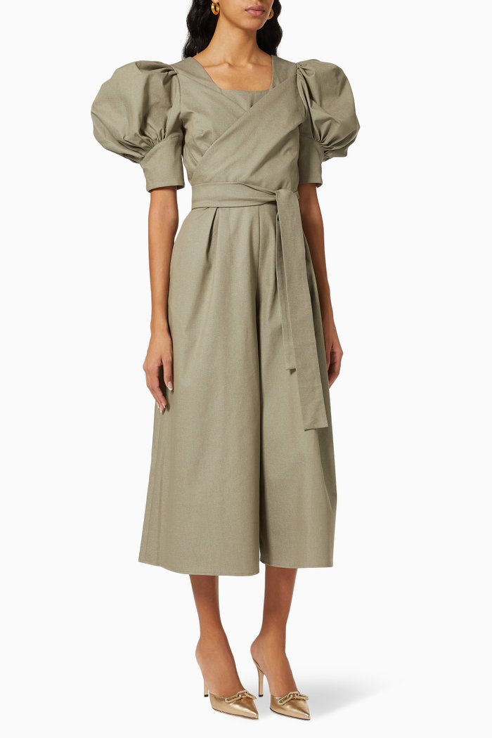 

Balloon Sleeves Jumpsuit in Cotton Poplin, Brown