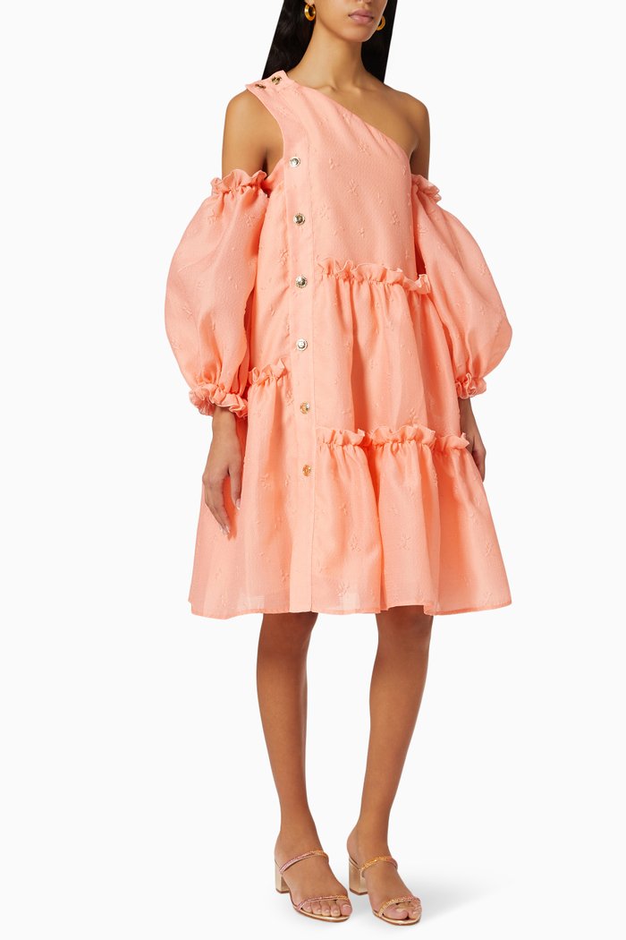 

Ruffled Trim Midi Dress in Textured Crepe, Orange