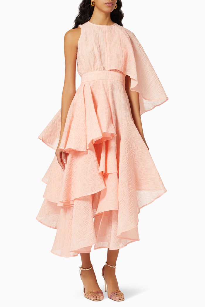 

Semi Cape Maxi Dress in Textured Crepe, Pink