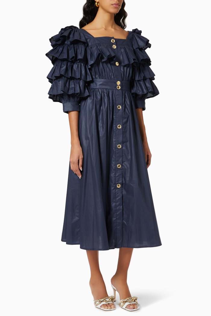 

Ruffled Sleeves Midi Dress in Satin Crepe, Blue