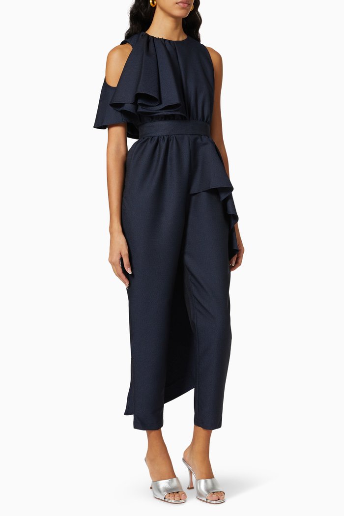 

Ruffled Jumpsuit in Satin Crepe, Blue