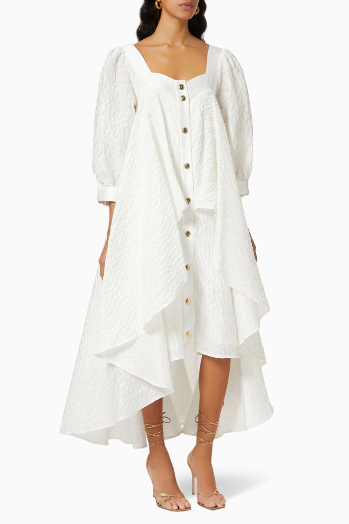 

Ruffled Midi Dress in Textured Crepe, White