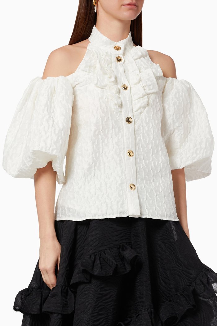 

Cold Shoulder Blouse in Textured Crepe, White