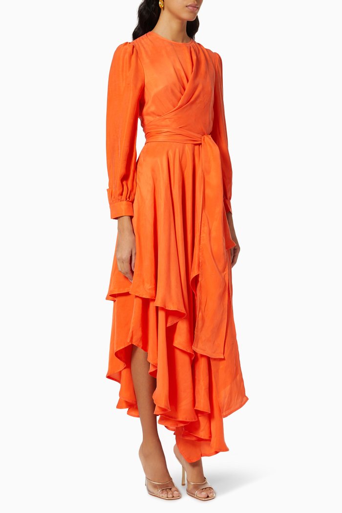 

Ruffled Midi Dress in Satin Crepe, Orange