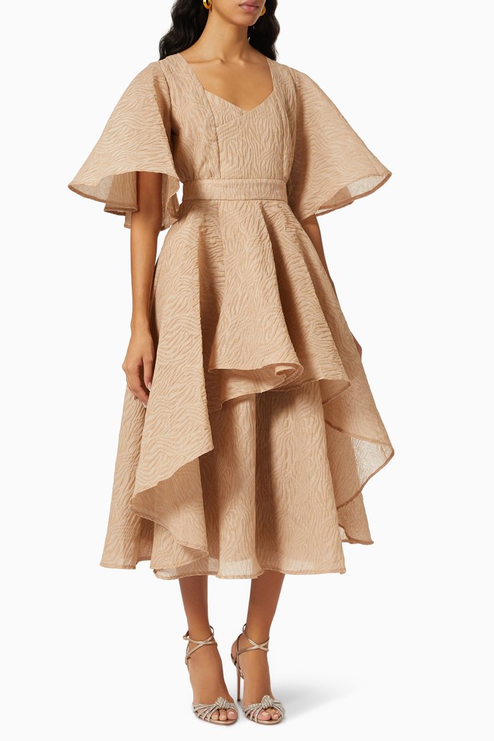 

Ruffled Midi Dress in Textured Crepe, Neutral