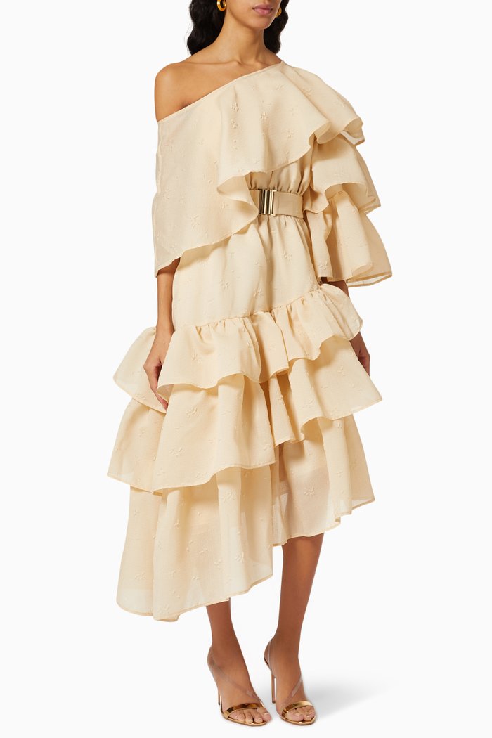 

Ruffled One-shoulder Dress in Textured Crepe, Neutral