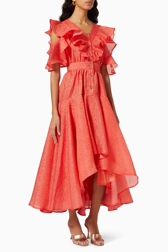 

Ruffled Maxi Dress in Textured Crepe, Orange